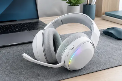 Casque gaming blanc sans fil avec microphone rabattable posé sur un bureau sobre aux tons bleu pétrole et bois.