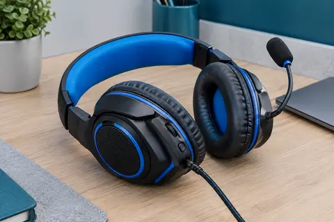 Casque gaming filaire bleu et noir avec microphone orientable et coussinets rembourrés sur un bureau