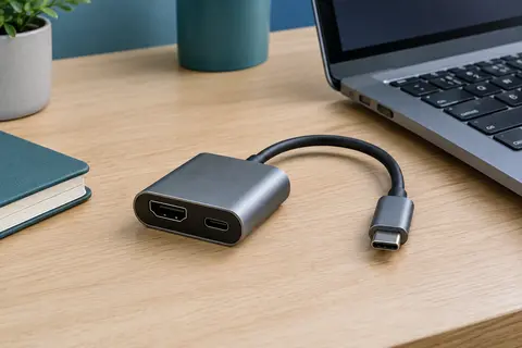 Carte d’acquisition vidéo grise avec entrée HDMI et connexion USB ou Type-C sur un bureau sobre.