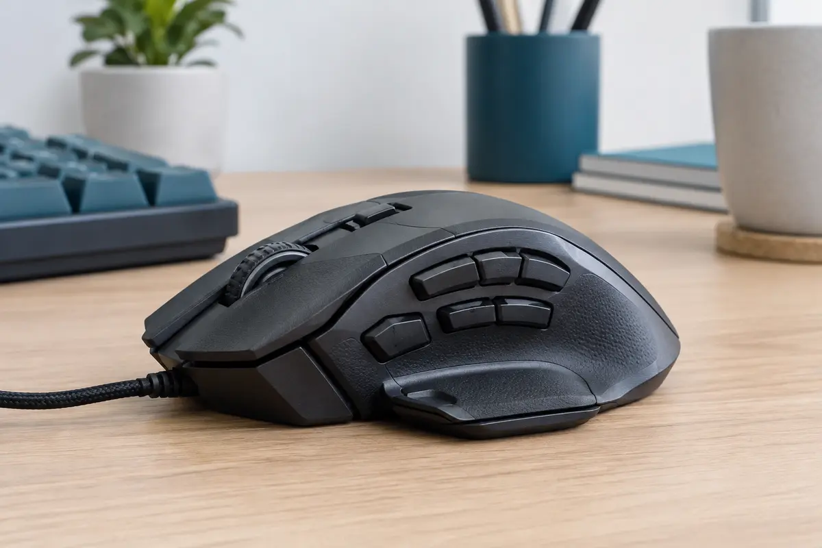 Souris gaming filaire noire avec repose-pouce, boutons programmables, molette inclinable et câble souple