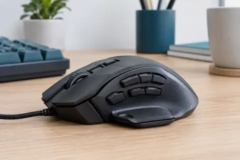 Souris gaming filaire noire avec repose-pouce, boutons programmables, molette inclinable et câble souple