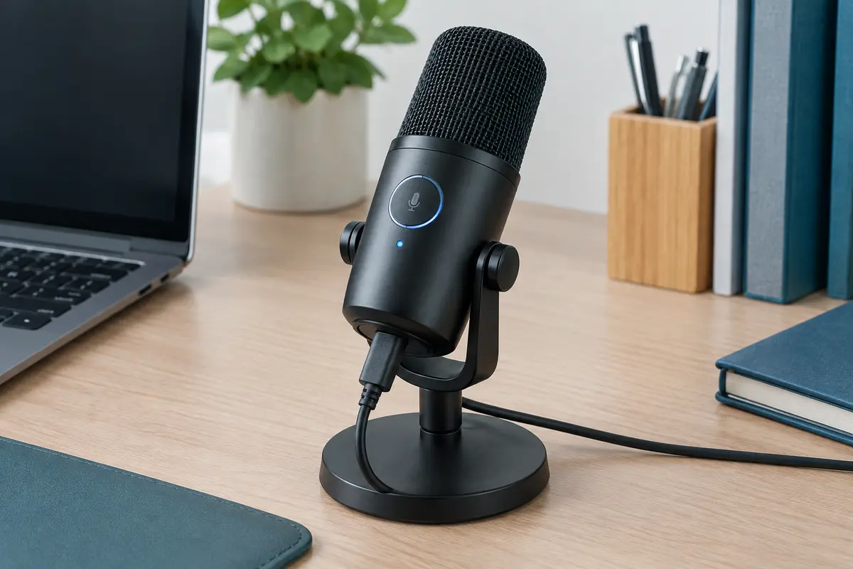 Microphone USB compact noir sur son support inclinable, avec indicateur LED et câble raccordé
