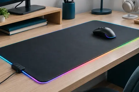 Tapis de souris gaming Realky grand format avec éclairage RGB posé sur un bureau sobre