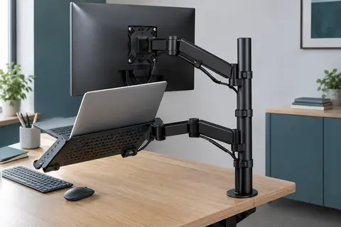 Bras noir pour écran avec plateau ventilé pour ordinateur portable, installé sur un bureau en bois