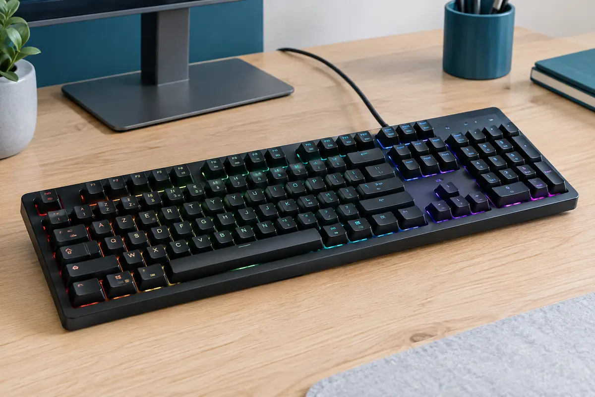 Clavier Rii pleine grandeur AZERTY avec touches rétroéclairées en arc-en-ciel sur un bureau en bois