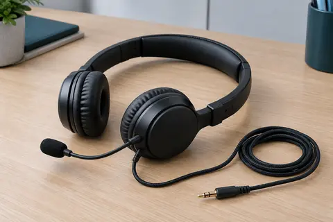 Casque filaire pliable noir avec microphone intégré et câble tressé terminé par une prise jack.