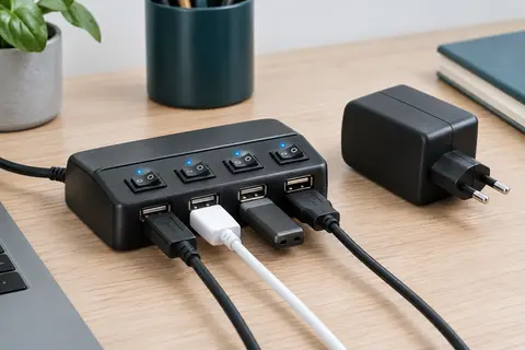 Hub USB noir à quatre ports avec interrupteurs individuels posé sur un bureau clair.