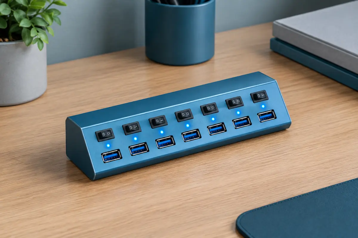 Hub USB bleu à sept ports avec interrupteurs et voyants LED individuels, posé sur un bureau en bois clair.