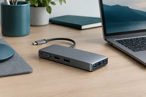 Station d’accueil USB-C grise avec sorties HDMI, DisplayPort, VGA et ports USB sur un bureau clair.