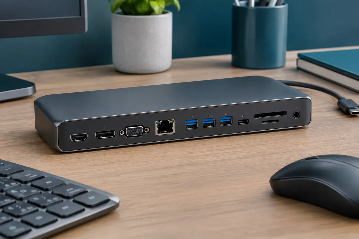 Station d’accueil USB-C avec ports HDMI, DisplayPort, VGA, USB, Ethernet et lecteurs de cartes.