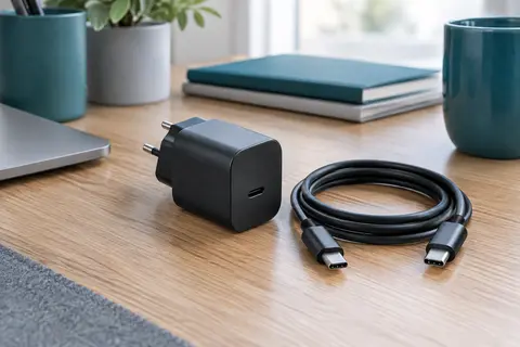 Chargeur secteur noir de 65 W accompagné de son câble USB-C sur un bureau sobre en bois.