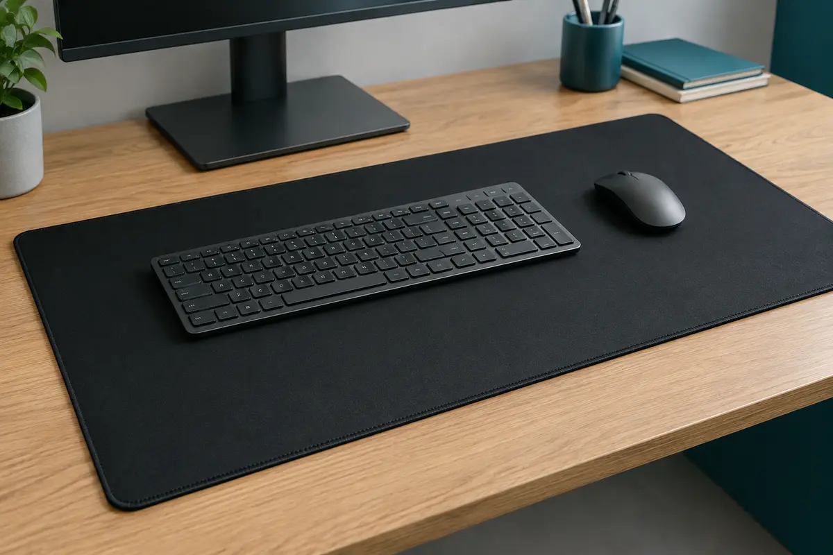 Tapis de souris noir grand format posé sur un bureau en bois, avec clavier et souris.