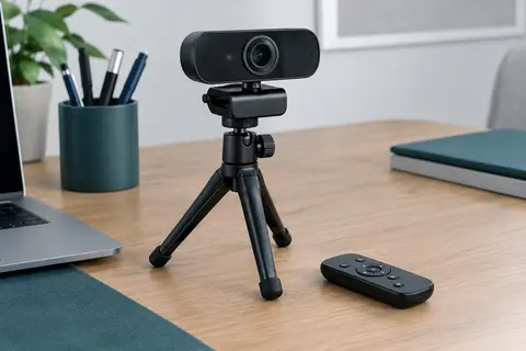 Webcam Spedal noire avec télécommande, clip et trépied réglable sur un bureau sobre.