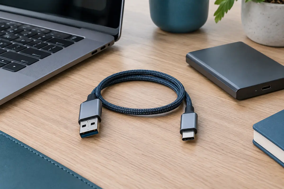Câble USB-A vers USB-C en nylon avec connecteurs métalliques posé sur un bureau en bois.