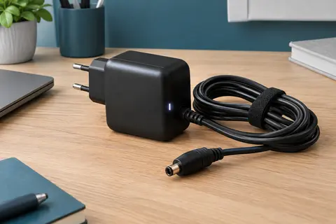 Chargeur secteur noir à connecteur rond avec voyant LED et câble, posé sur un bureau en bois clair.