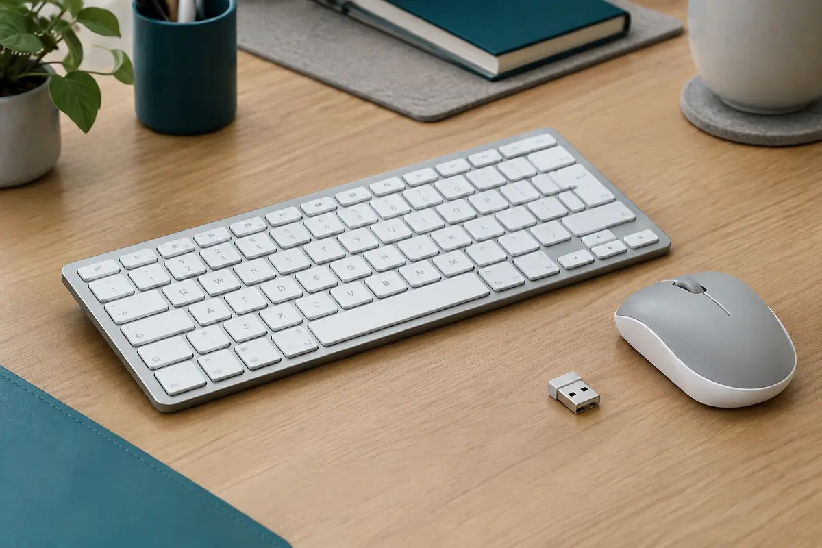 Clavier compact gris et blanc accompagné d’une souris sans fil et de son récepteur USB sur un bureau sobre.