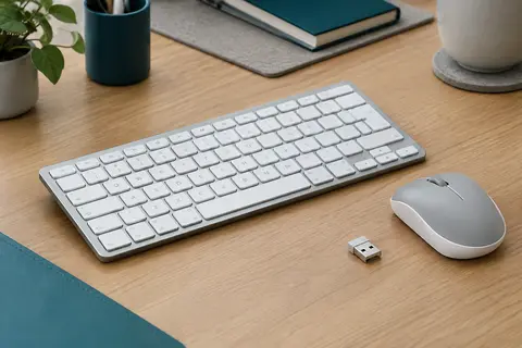 Clavier compact gris et blanc accompagné d’une souris sans fil et de son récepteur USB sur un bureau sobre.