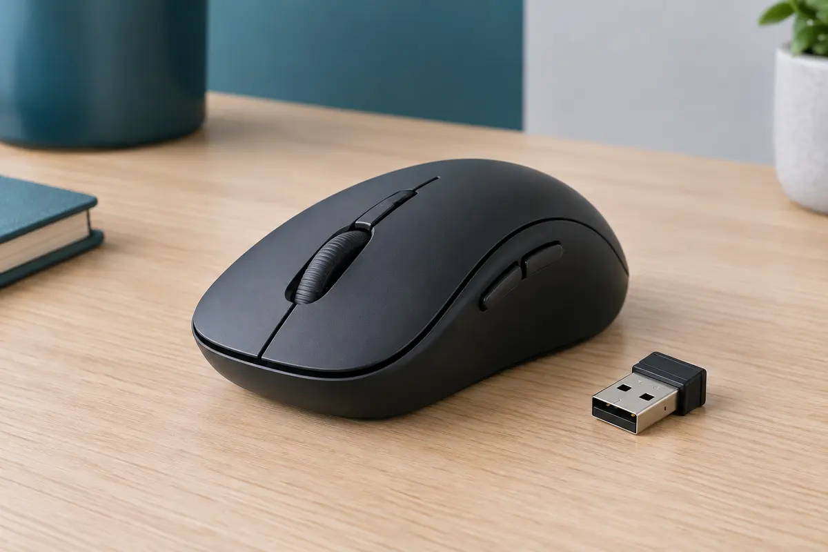Souris sans fil noire compacte avec molette et récepteur nano USB-A sur un bureau en bois