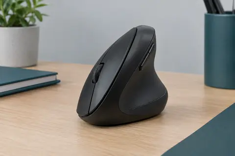 Souris verticale sans fil noire en plastique, posée sur un bureau en bois dans un espace de travail sobre.