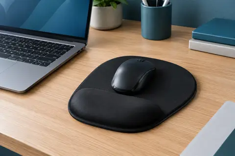 Tapis de souris noir avec repose-poignet en mousse à mémoire de forme sur un bureau en bois