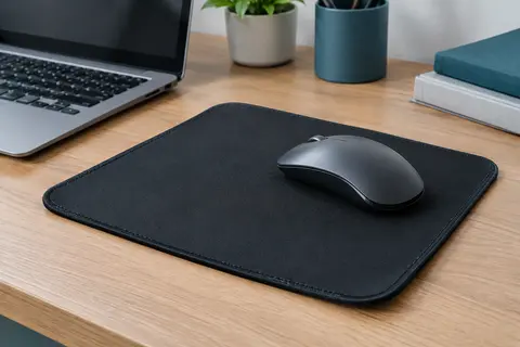 Tapis de souris noir Tecknet à surface en microfibre et bords cousus, posé sur un bureau en bois