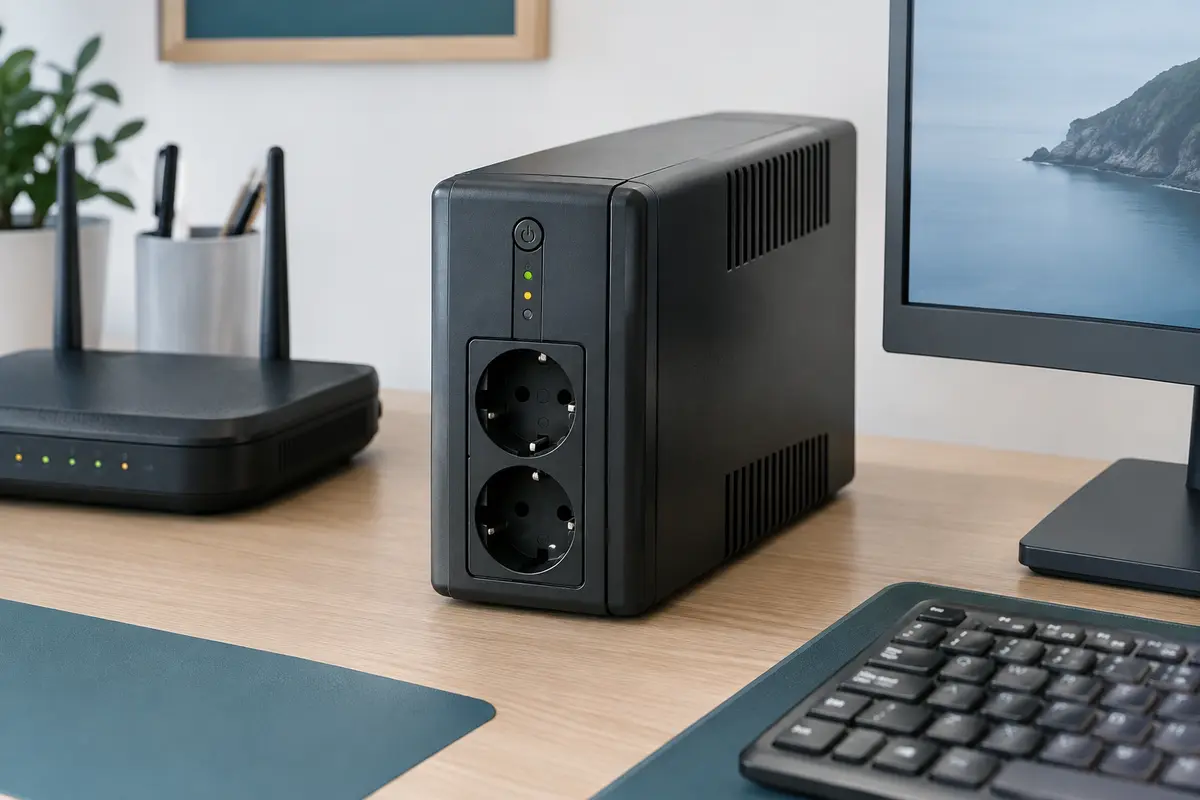 Onduleur Tecnoware Era Plus en plastique posé sur un bureau, avec ses deux prises Schuko visibles