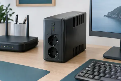 Onduleur Tecnoware Era Plus en plastique posé sur un bureau, avec ses deux prises Schuko visibles