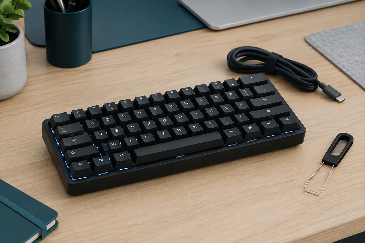 Clavier mécanique compact noir à 61 touches sur un bureau clair, avec son câble USB-C et son extracteur.