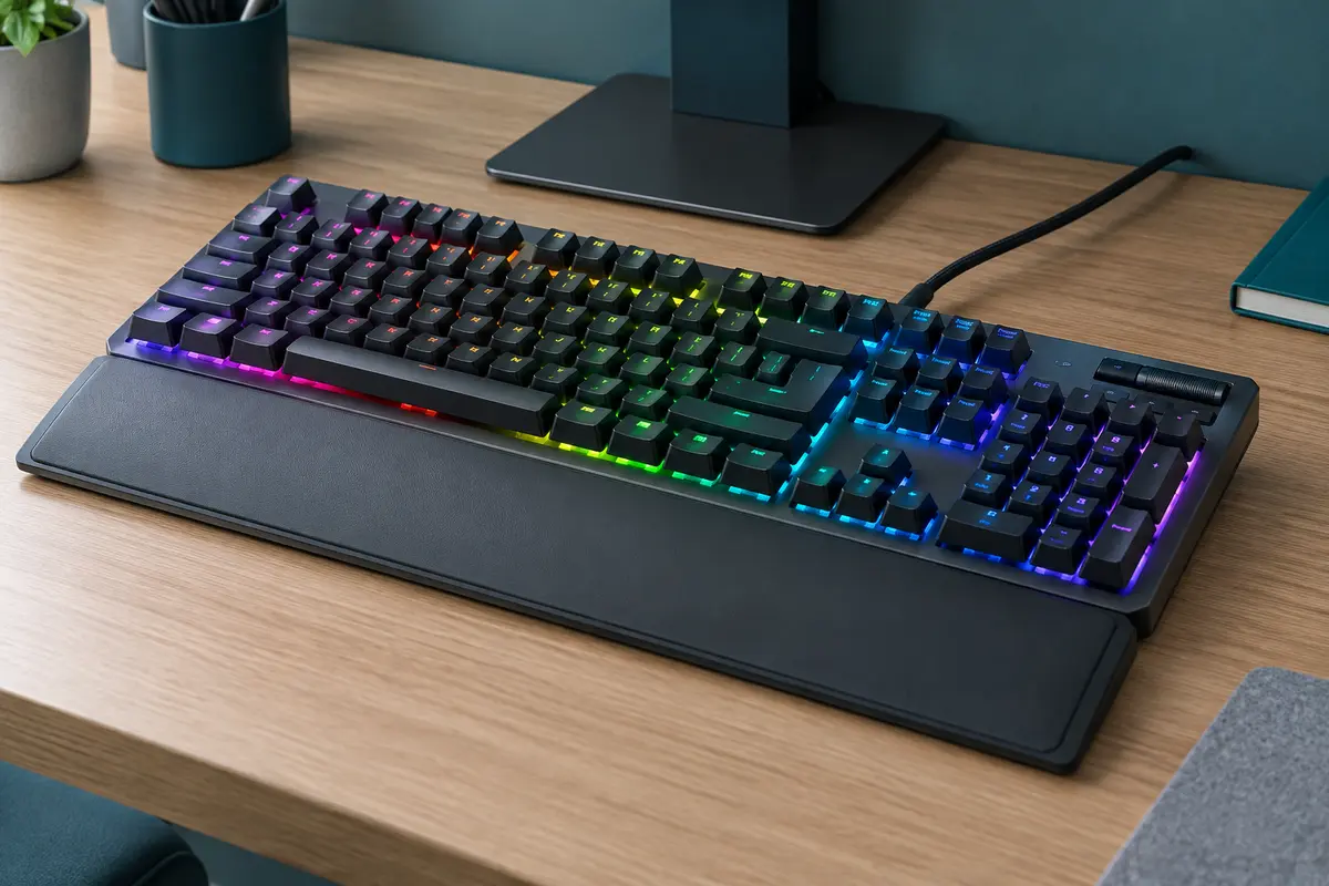 Clavier gamer AZERTY noir avec éclairage RGB et repose-poignets amovible sur un bureau en bois