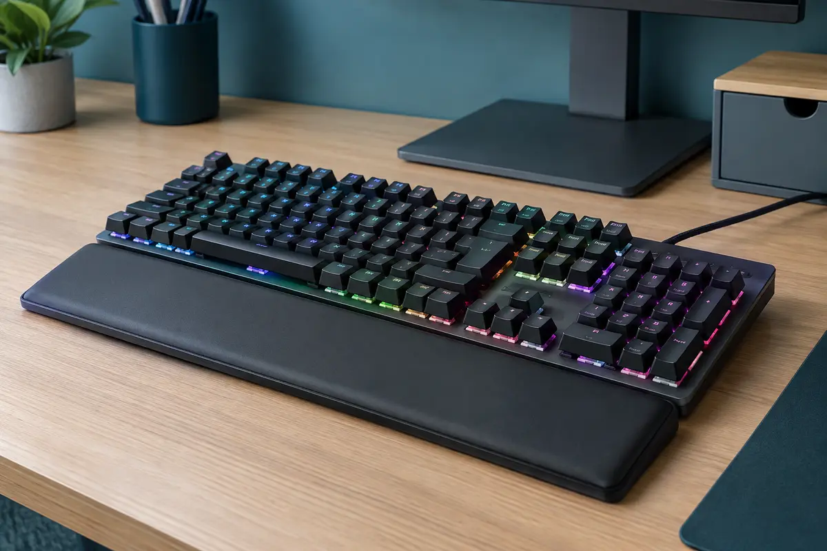 Clavier mécanique AZERTY rétroéclairé RGB avec repose-poignets, posé sur un bureau en bois naturel.