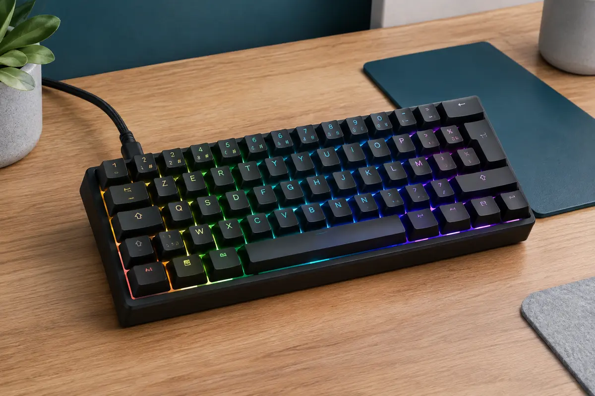 Clavier gaming compact noir AZERTY avec touches rétroéclairées en plusieurs couleurs sur un bureau en bois