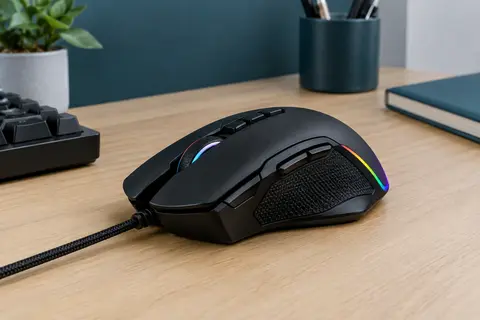Souris gaming filaire noire avec grips latéraux, boutons visibles et éclairage LED multicolore sur un bureau