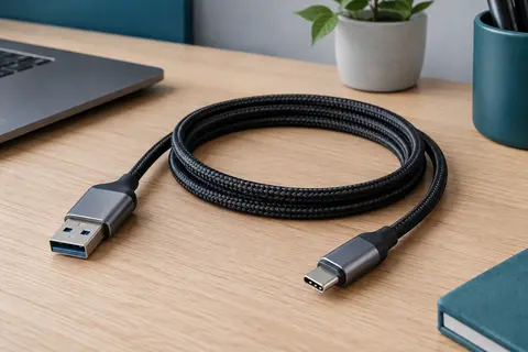 Câble USB-A vers USB-C noir tressé avec connecteurs en aluminium, posé sur un bureau en bois clair.