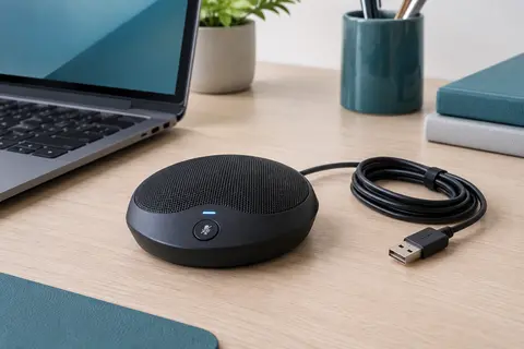 Microphone de conférence USB noir posé sur un bureau, avec son câble et son bouton muet visibles.