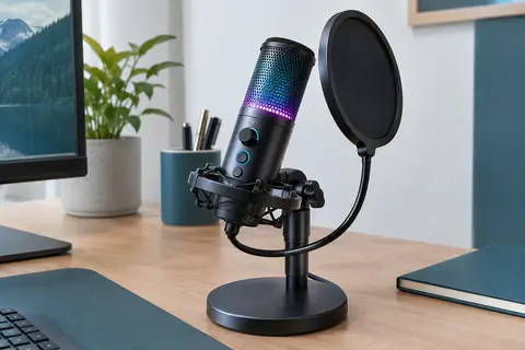 Microphone de bureau noir Tonor TC310 avec filtre anti-pop, support et éclairage RVB réglable