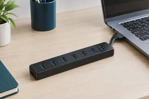 Hub USB noir à sept ports posé sur un bureau clair, près d’un ordinateur et de périphériques.