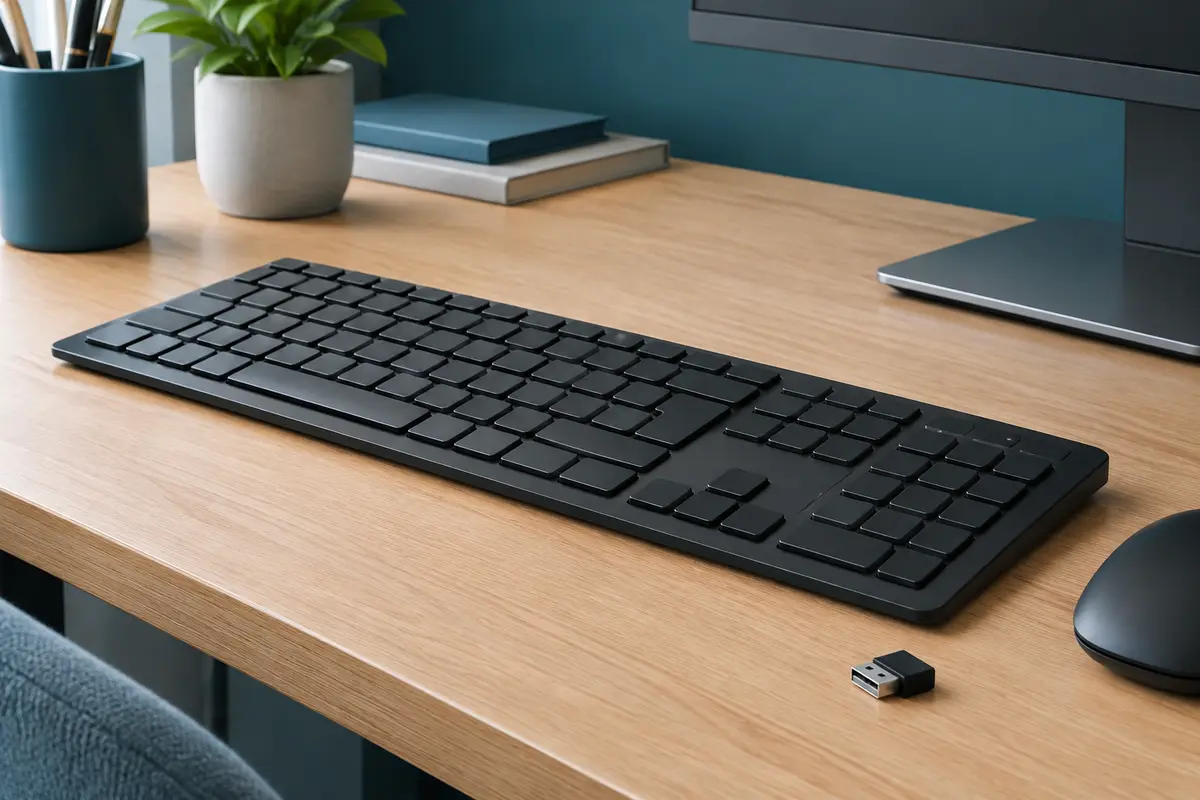Clavier sans fil noir à touches plates posé sur un bureau en bois, avec son récepteur USB à proximité.