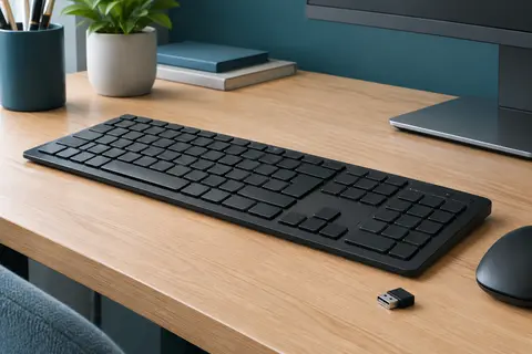Clavier sans fil noir à touches plates posé sur un bureau en bois, avec son récepteur USB à proximité.