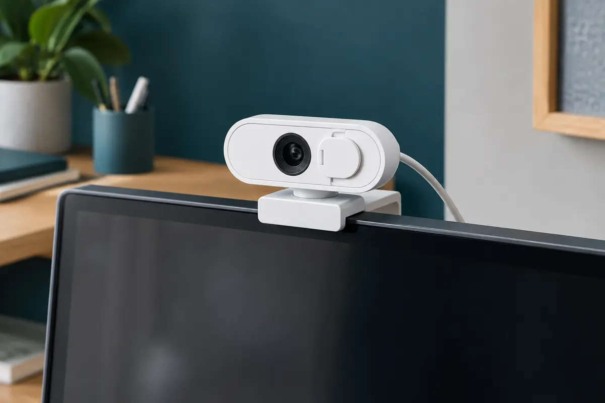 Webcam Trust Ovala blanche avec cache de confidentialité, installée sur un écran dans un bureau sobre.