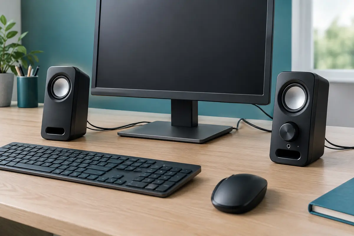 Paire d’enceintes PC stéréo noires avec commande de volume en façade, installées sur un bureau