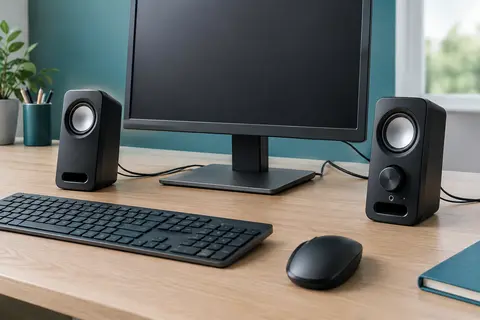 Paire d’enceintes PC stéréo noires avec commande de volume en façade, installées sur un bureau