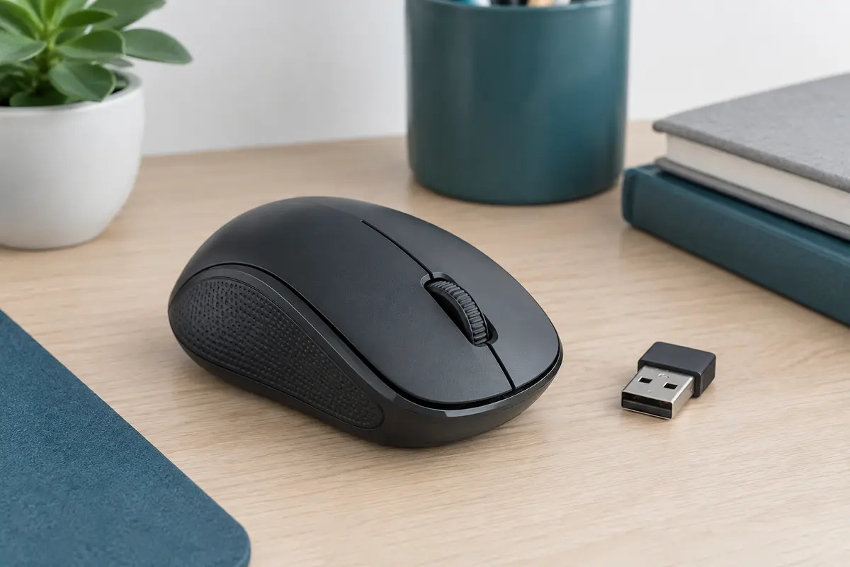 Souris sans fil compacte avec côtés adhérents et récepteur USB sur un bureau clair