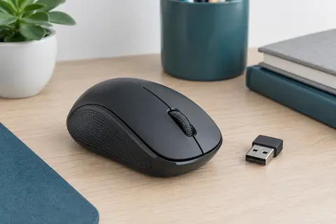 Souris sans fil compacte avec côtés adhérents et récepteur USB sur un bureau clair