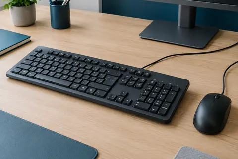 Ensemble noir avec clavier AZERTY complet, pavé numérique et souris filaire ambidextre sur un bureau
