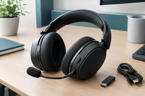 Casque gaming sans fil noir avec arceau réglable, coussinets rembourrés, micro rabattable et récepteur