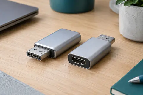 Deux adaptateurs DisplayPort vers HDMI en aluminium argenté posés sur un bureau sobre.