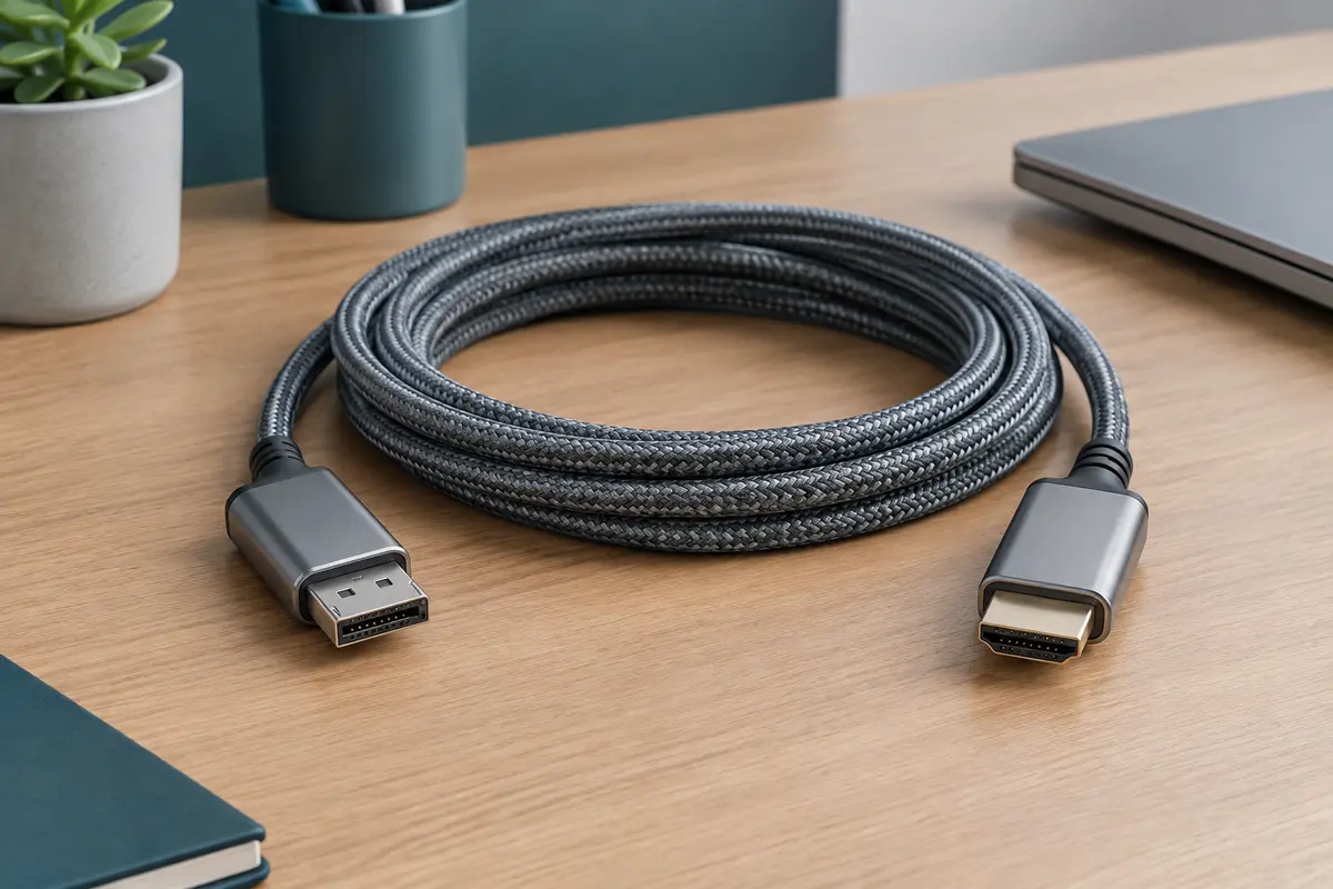 Câble gris tressé DisplayPort vers HDMI avec connecteurs métalliques posé sur un bureau clair