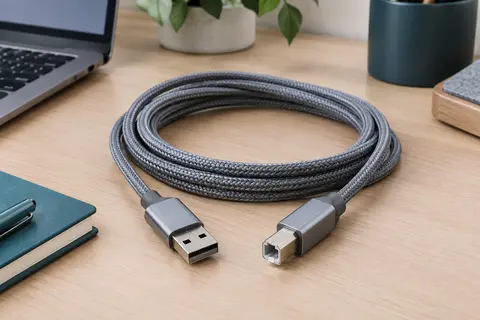 Câble USB-A vers USB-B gris à gaine tressée, présenté en boucles sur un bureau sobre.