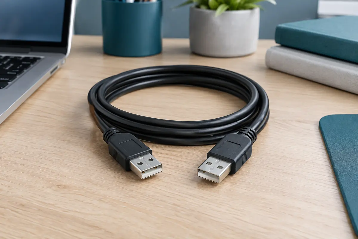 Câble USB-A mâle-mâle noir posé en boucle sur un bureau clair, connecteurs visibles