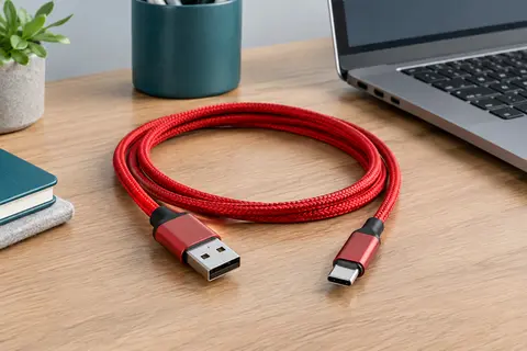 Câble USB-A vers USB-C rouge tressé posé sur un bureau, avec ses deux connecteurs visibles.